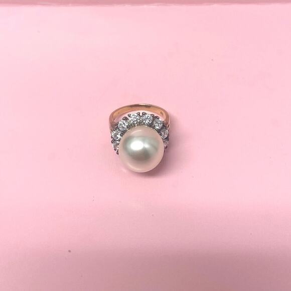HC Marked Sterling Silver Ring with Big Faux Pearl and CZ Gold Plated Size 8 - Picture 5 of 5
